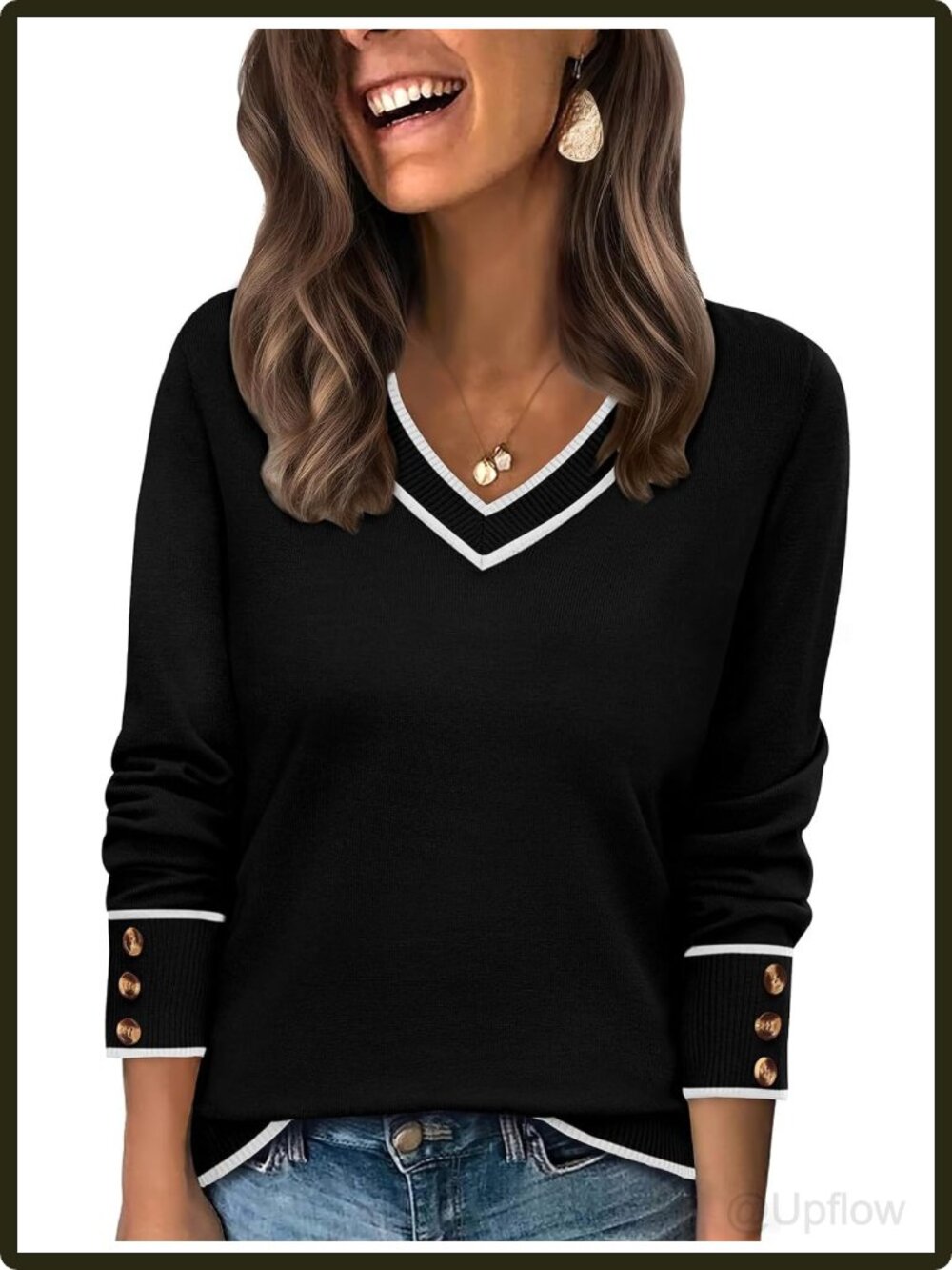 Women's Wide V-Neck Knit Pullover Sweater Long Sleeve Button Cuffs Relaxed Fit